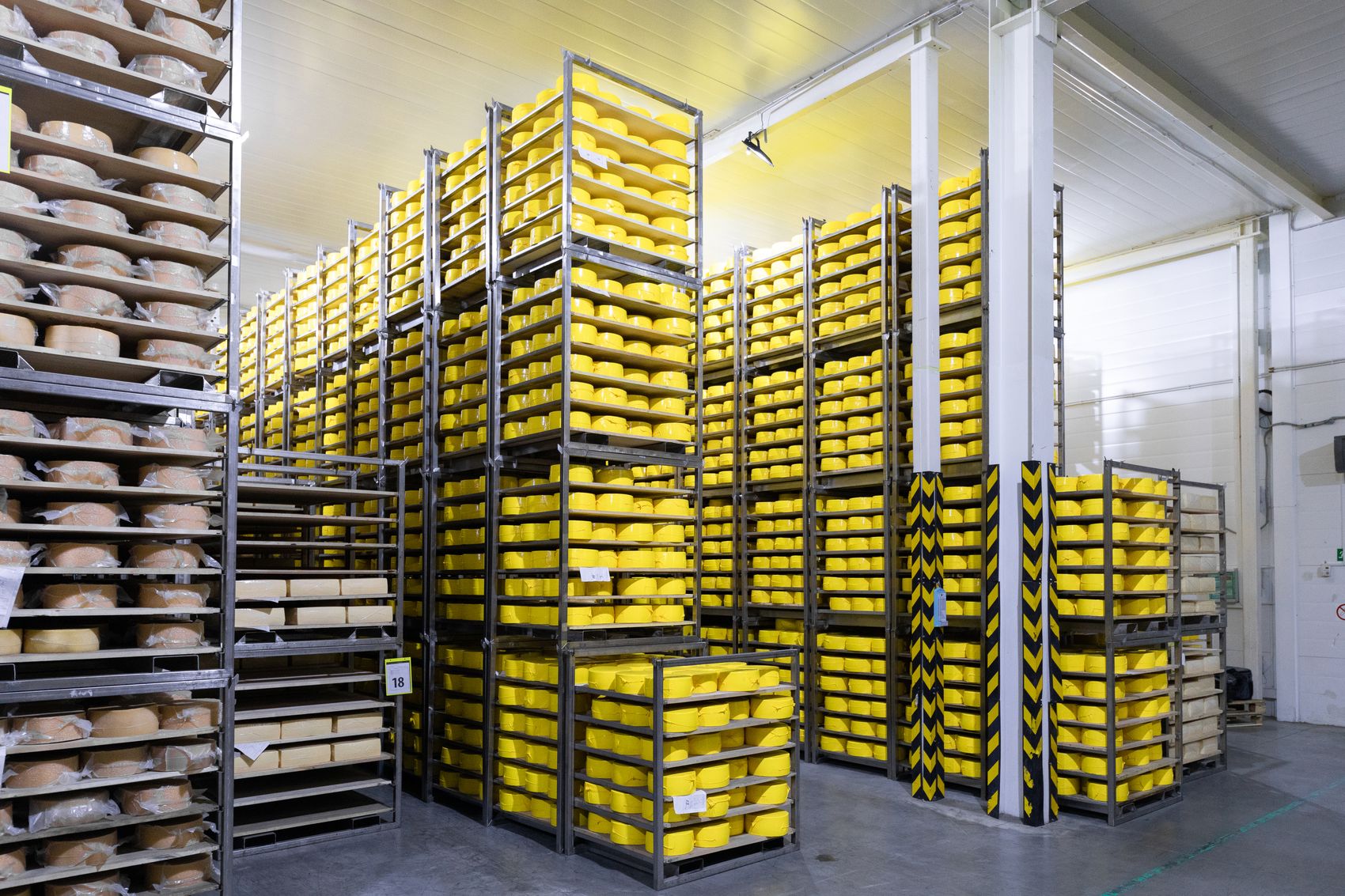 Racked food products in a temperature-controlled storage facility